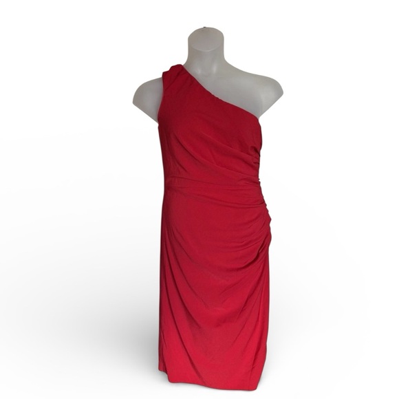 Dress The Population Martine One Shoulder Dress Size XS Red Ruched Midi Party - Picture 2 of 10
